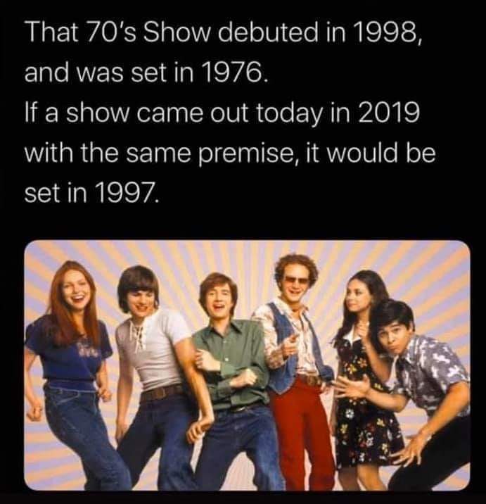 70's show season 1 - That 70's Show debuted in 1998, and was set in 1976. If a show came out today in 2019 with the same premise, it would be set in 1997.
