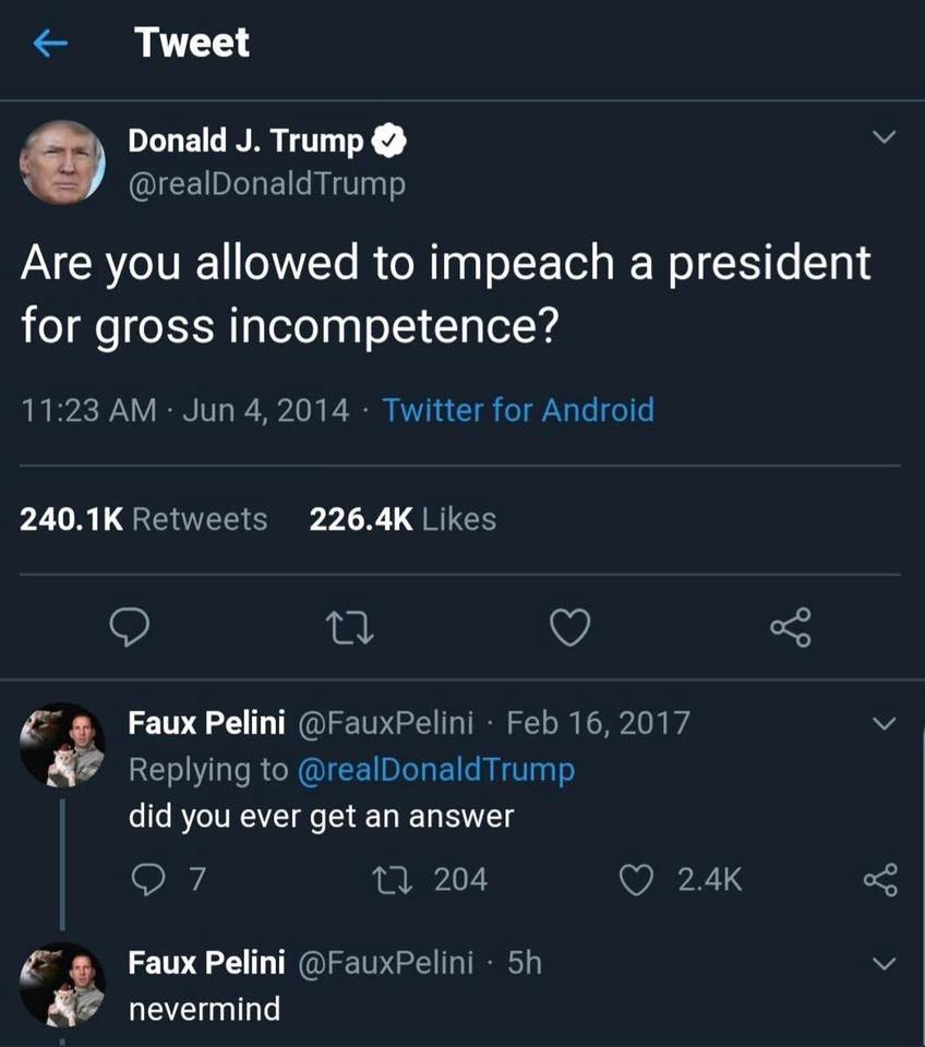 screenshot - Tweet Donald J. Trump Trump Are you allowed to impeach a president for gross incompetence? Twitter for Android Faux Pelini Trump did you ever get an answer 07 27 204 og Faux Pelini . 5h nevermind