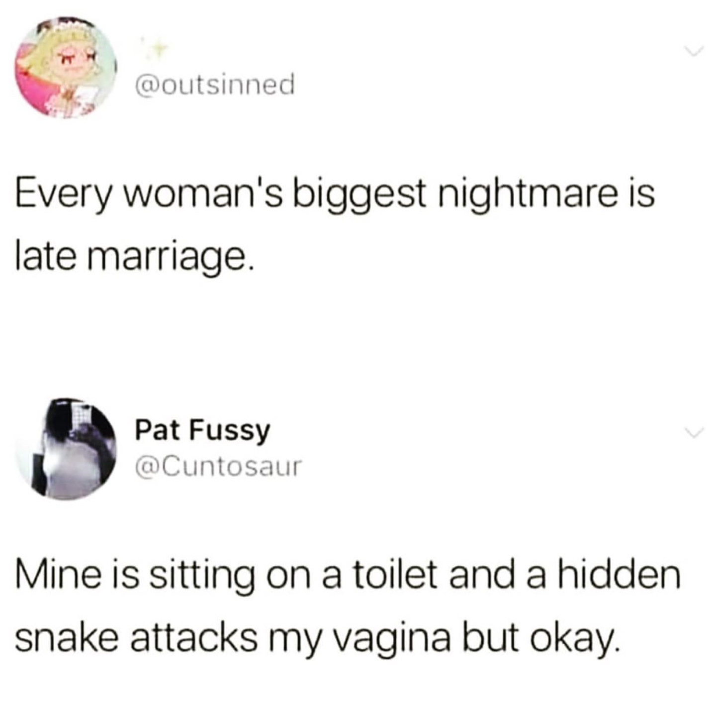material - Every woman's biggest nightmare is late marriage. Pat Fussy Mine is sitting on a toilet and a hidden snake attacks my vagina but okay.