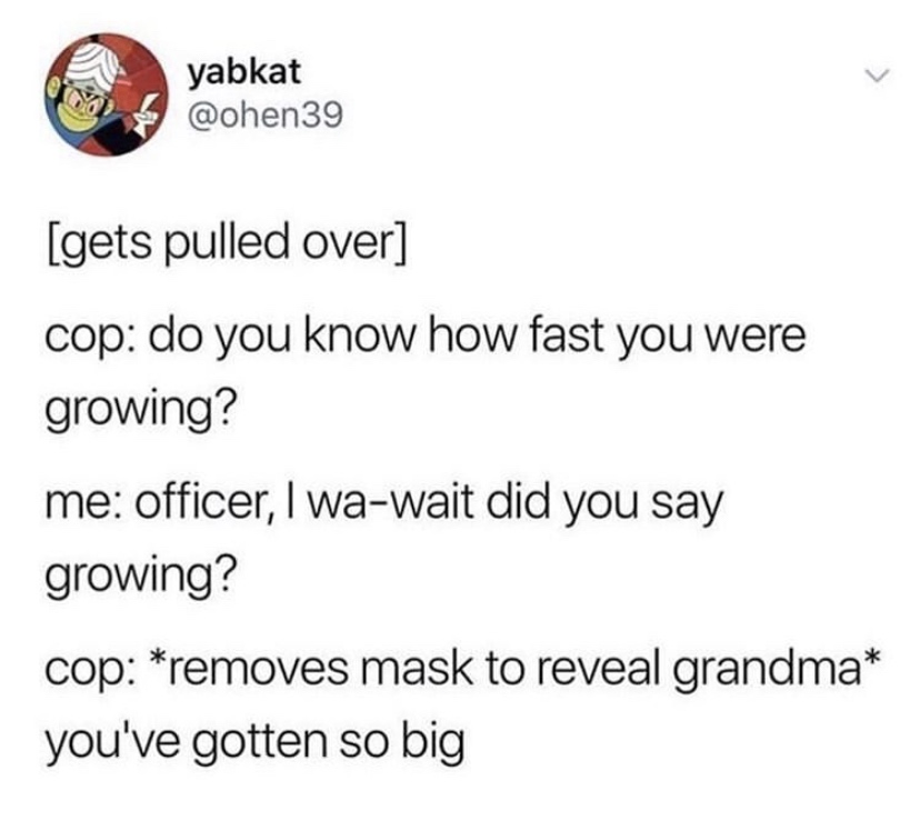 document - yabkat gets pulled over cop do you know how fast you were growing? me officer, I wawait did you say growing? cop removes mask to reveal grandma you've gotten so big