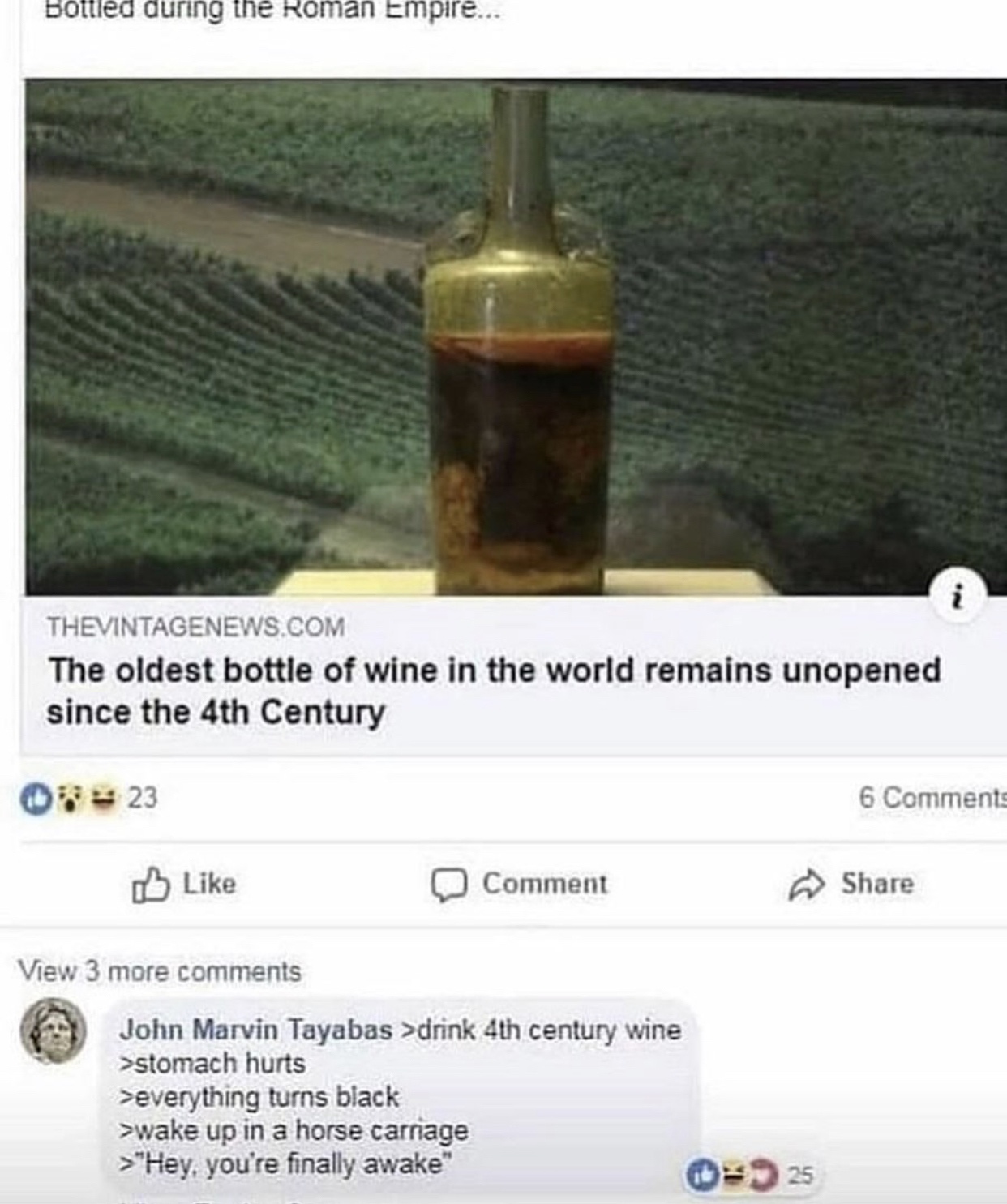 skyrim memes - Bottled during the Roman Empire... Thevintagenews.Com The oldest bottle of wine in the world remains unopened since the 4th Century 0723 6 0 Comment View 3 more John Marvin Tayabas >drink 4th century wine >stomach hurts >everything turns bl