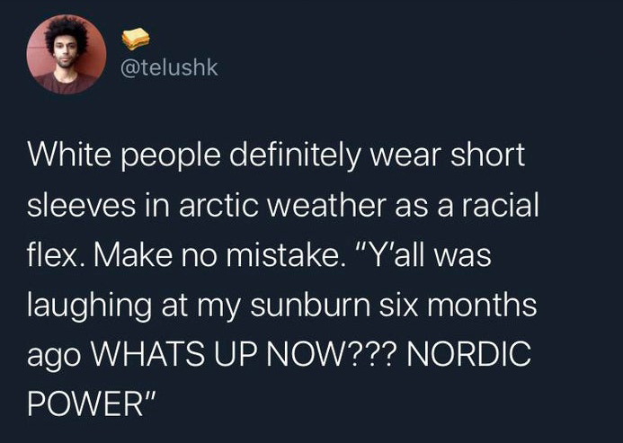 black panther alt right memes - White people definitely wear short sleeves in arctic weather as a racial flex. Make no mistake. "Y'all was laughing at my sunburn six months ago Whats Up Now??? Nordic Power"
