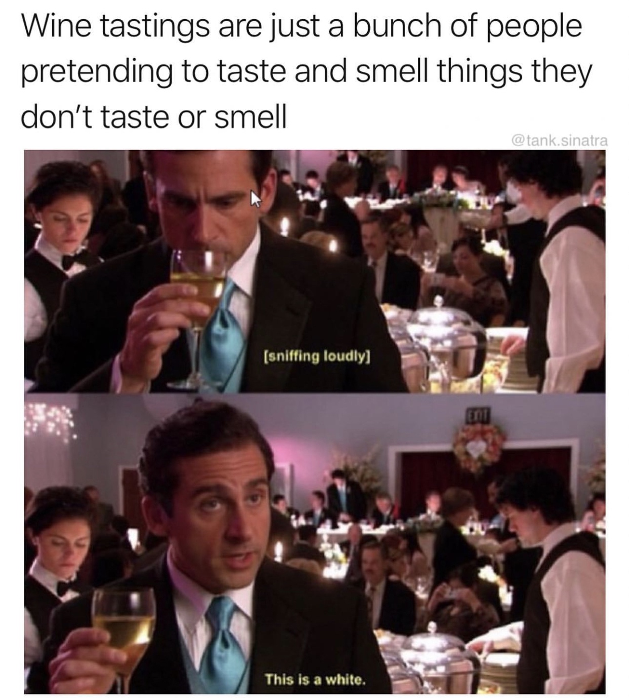 funny wine tasting memes - Wine tastings are just a bunch of people pretending to taste and smell things they don't taste or smell .sinatra sniffing loudly This is a white.