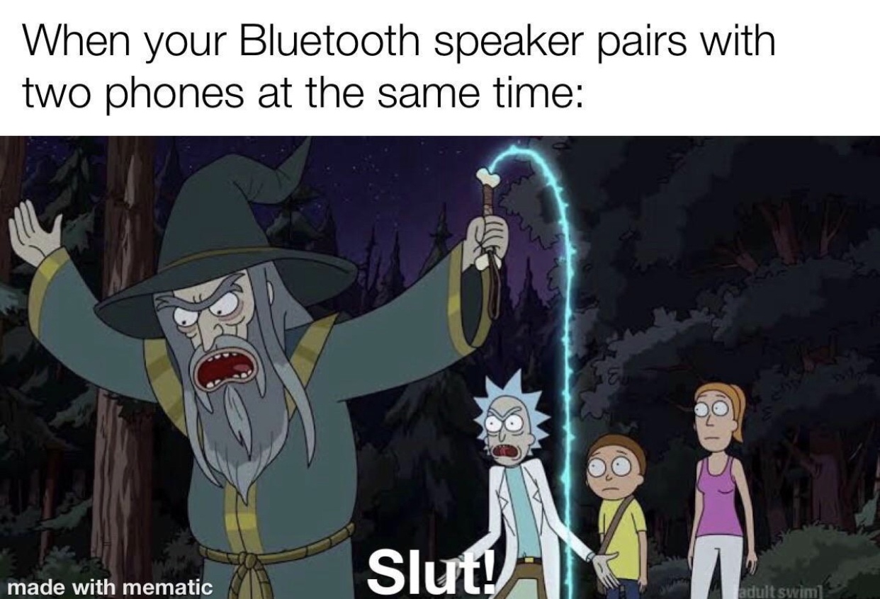 Internet meme - When your Bluetooth speaker pairs with two phones at the same time Slut! made with mematic adult swim