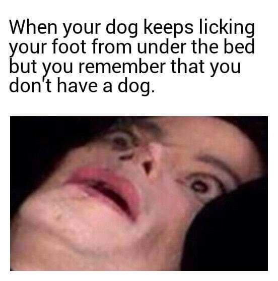 dank memes - When your dog keeps licking your foot from under the bed but you remember that you don't have a dog.