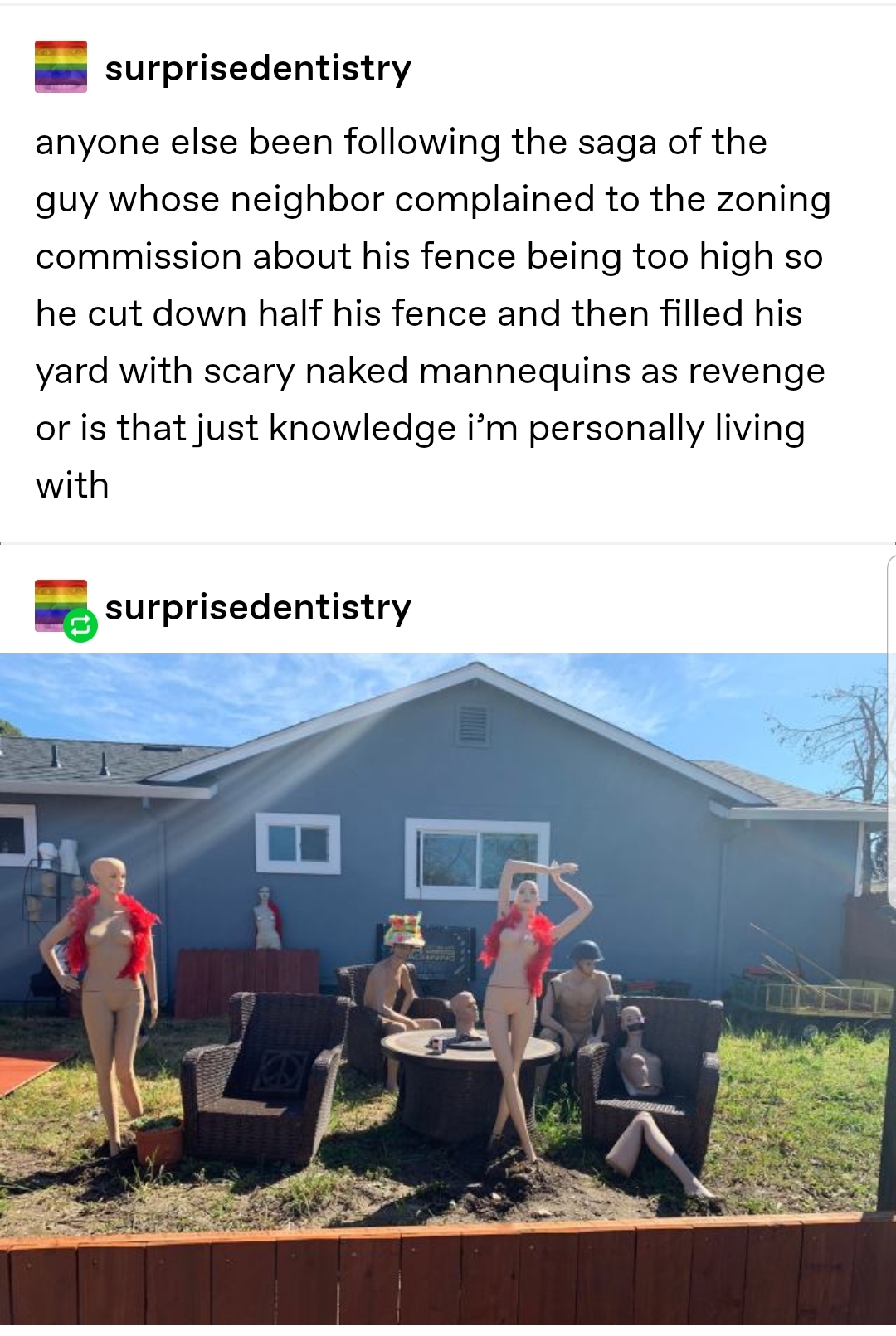 water - surprisedentistry anyone else been ing the saga of the guy whose neighbor complained to the zoning commission about his fence being too high so he cut down half his fence and then filled his yard with scary naked mannequins as revenge or is that j