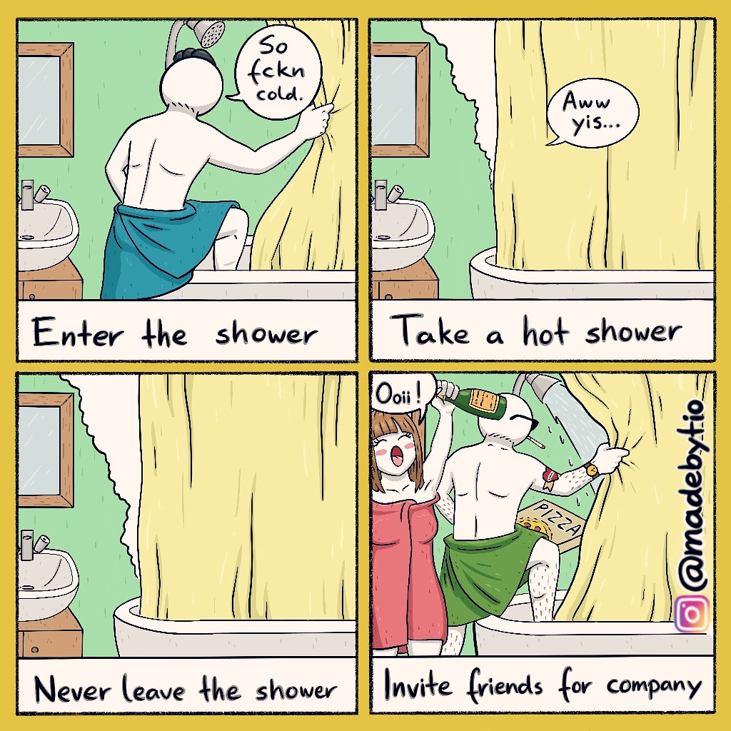 comics - n Ackn Aww Ayis... In Enter the shower Take a hot shower w Ooii! Rd o Never leave the shower Invite friends for company