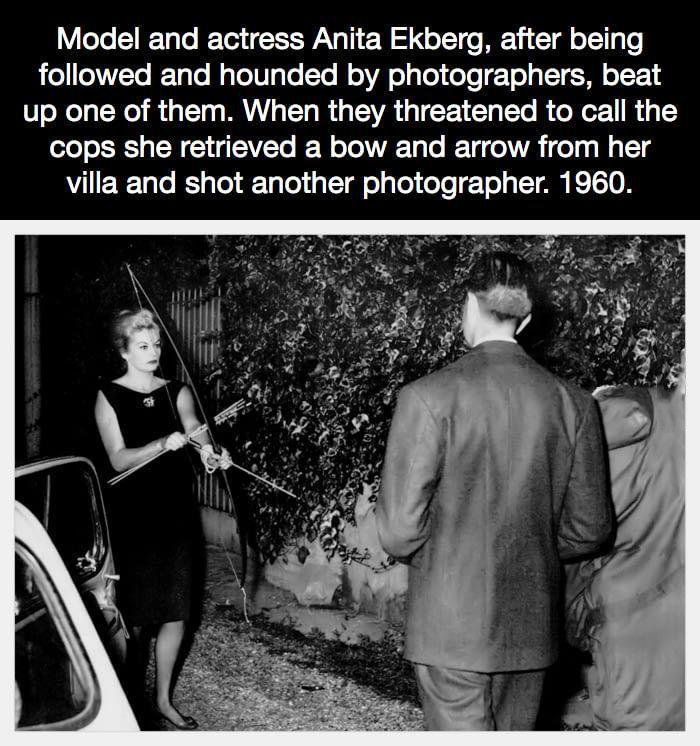 anita ekberg shot photographer - Model and actress Anita Ekberg, after being ed and hounded by photographers, beat up one of them. When they threatened to call the cops she retrieved a bow and arrow from her villa and shot another photographer. 1960.