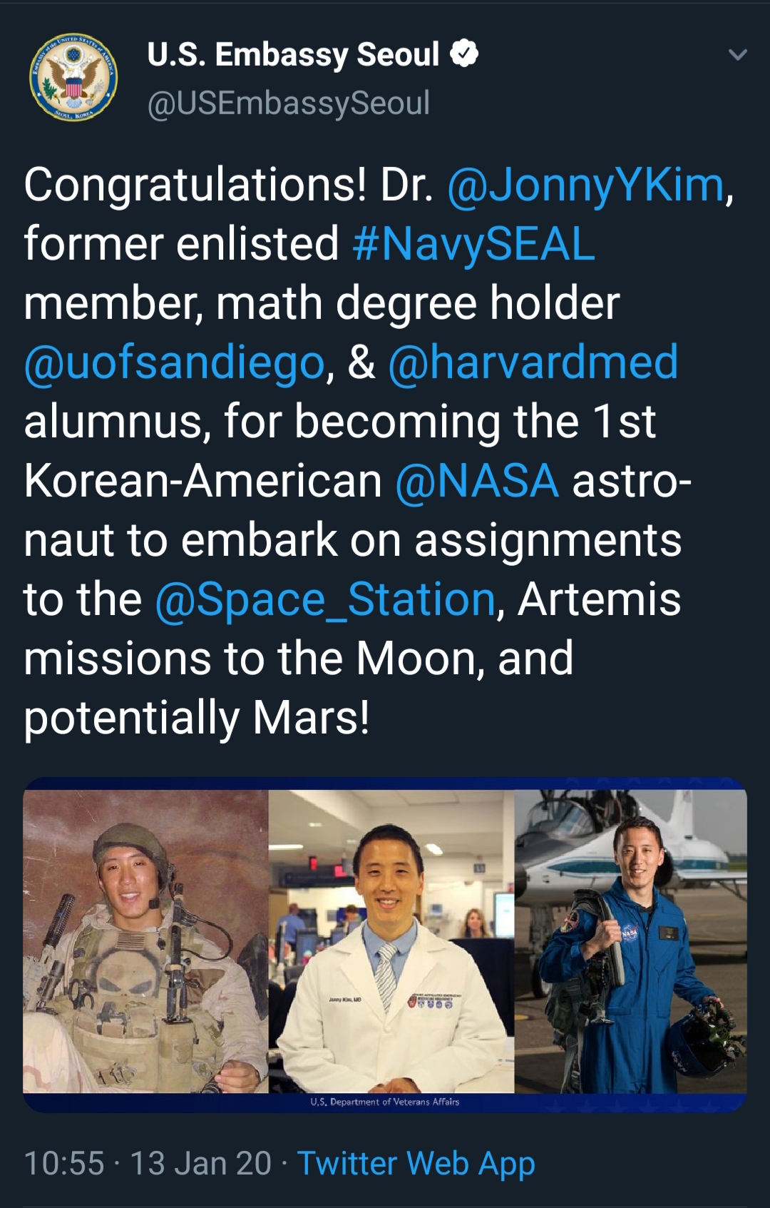 poster - U.S. Embassy Seoul Congratulations! Dr. Ykim, former enlisted Seal member, math degree holder , & alumnus, for becoming the 1st KoreanAmerican astro naut to embark on assignments to the , Artemis missions to the Moon, and potentially Mars! . 13 J