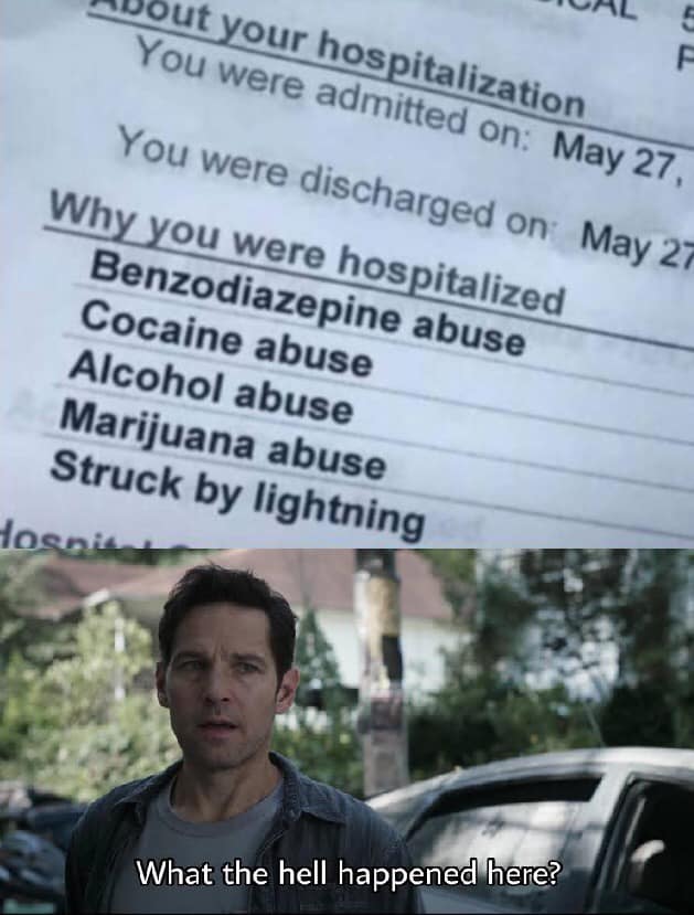 car - ADout your hospitalization You were admitted on May 27, You were discharged on May 27 Why you were hospitalized Benzodiazepine abuse Cocaine abuse Alcohol abuse Marijuana abuse Struck by lightning Hosnit What the hell happened here?