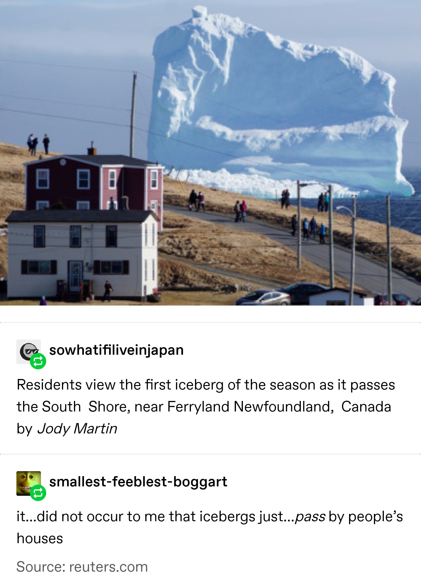 newfoundland iceberg - en sowhatifiliveinjapan Residents view the first iceberg of the season as it passes the South Shore, near Ferryland Newfoundland, Canada by Jody Martin smallestfeeblestboggart it...did not occur to me that icebergs just...pass by pe