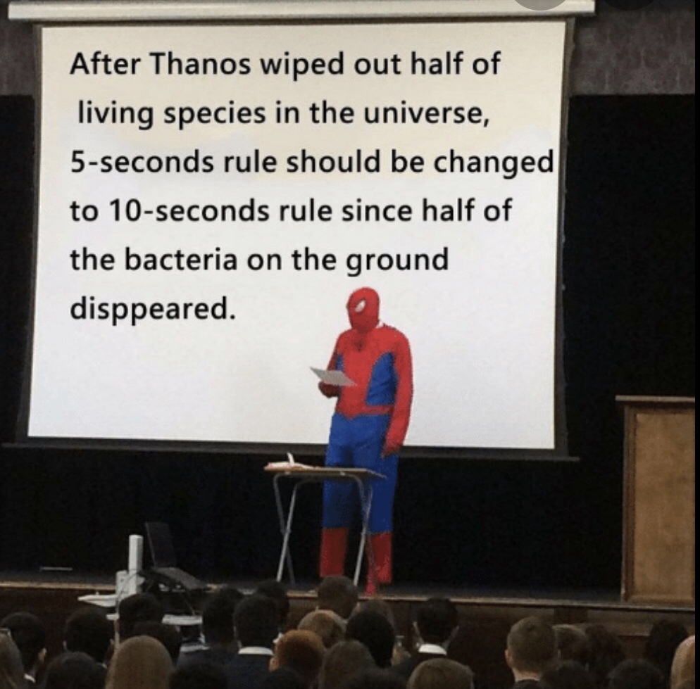 water isn t wet meme - After Thanos wiped out half of living species in the universe, 5seconds rule should be changed to 10seconds rule since half of the bacteria on the ground disppeared.