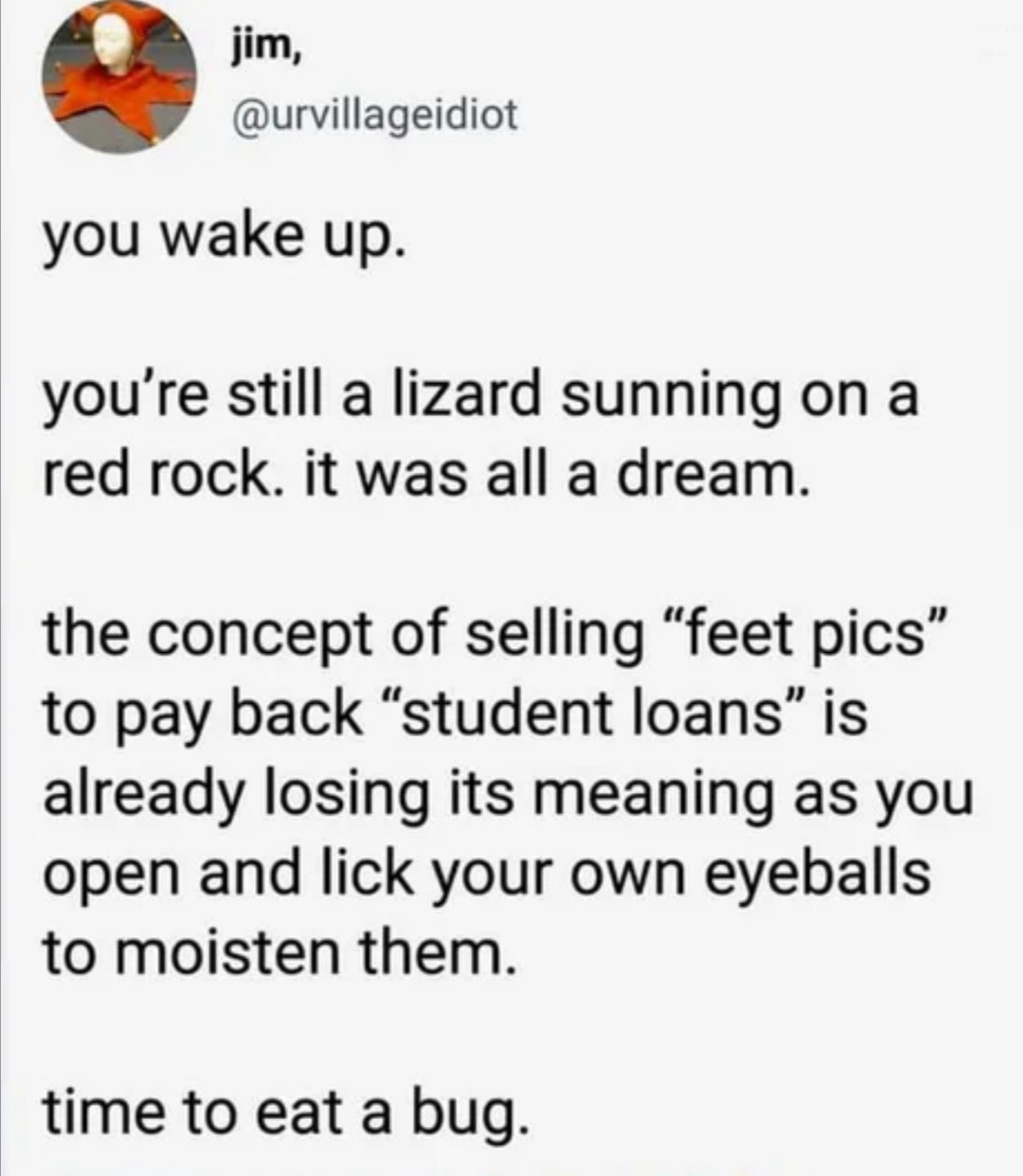document - jim, you wake up. you're still a lizard sunning on a red rock. it was all a dream. the concept of selling "feet pics to pay back student loans" is already losing its meaning as you open and lick your own eyeballs to moisten them. time to eat a 