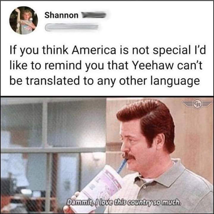 dammit i love this country so much - Shannon If you think America is not special I'd to remind you that Yeehaw can't be translated to any other language Dammit, I love this country so much