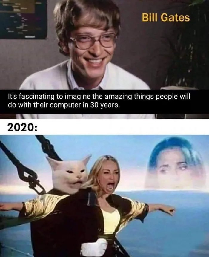 woman and cat meme titanic - Bill Gates It It's fascinating to imagine the amazing things people will do with their computer in 30 years. 2020