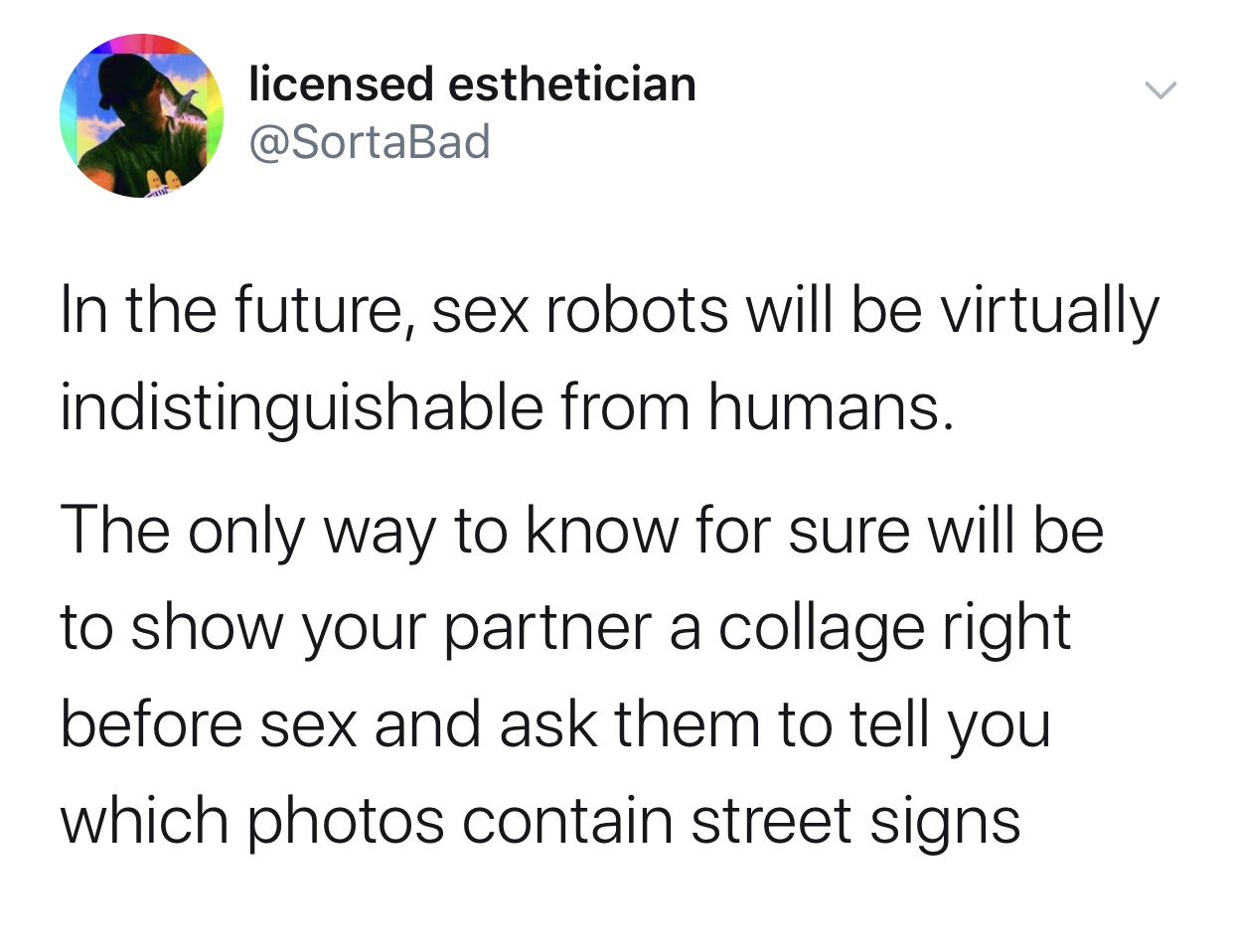 licensed esthetician In the future, sex robots will be virtually indistinguishable from humans. The only way to know for sure will be to show your partner a collage right before sex and ask them to tell you which photos contain street signs
