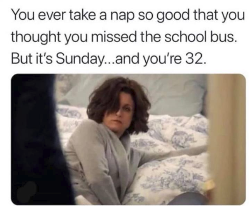 you ever take a nap so good meme - You ever take a nap so good that you thought you missed the school bus. But it's Sunday...and you're 32.