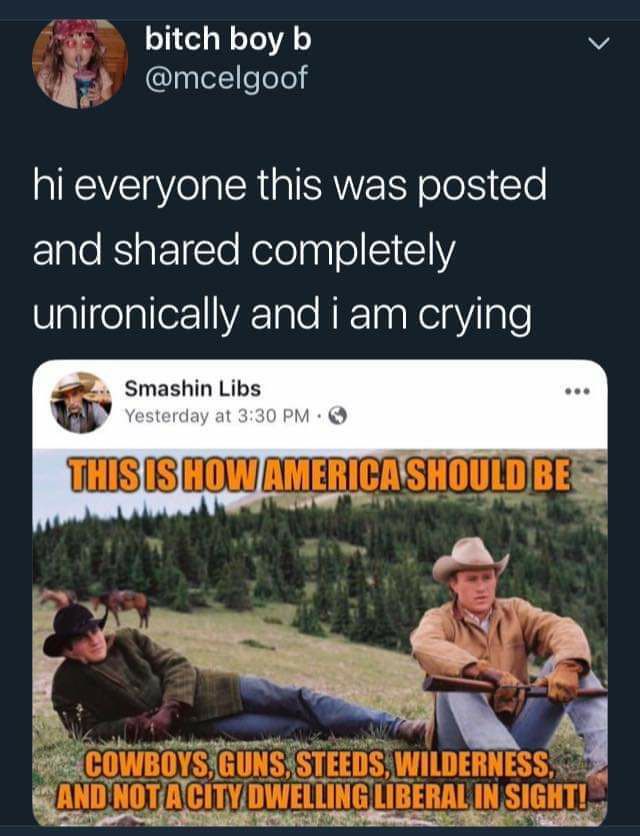 smashin libs brokeback mountain - bitch boy b hi everyone this was posted and d completely unironically and i am crying Smashin Libs Yesterday at This Is How America Should Be Cowboys.Guns, Steeds, Wilderness And Notacity Dwelling Liberal Insight!