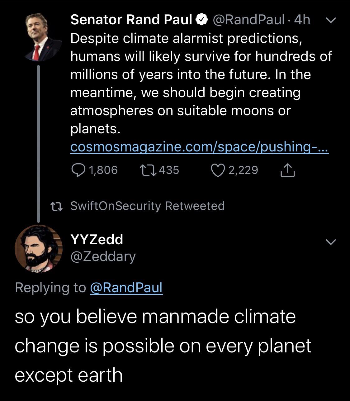 screenshot - Senator Rand Paul 4h v Despite climate alarmist predictions, humans will ly survive for hundreds of millions of years into the future. In the meantime, we should begin creating atmospheres on suitable moons or planets. cosmosmagazine.comspace