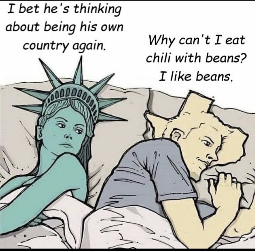 texas memes - I bet he's thinking about being his own country again. Why can't I eat chili with beans? I beans.