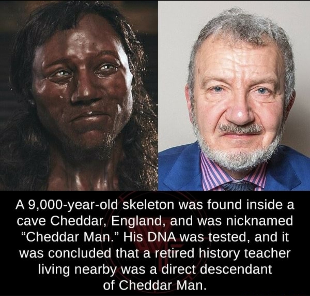 A 9,000yearold skeleton was found inside a cave Cheddar, England, and was nicknamed "Cheddar Man." His Dna was tested, and it was concluded that a retired history teacher living nearby was a direct descendant of Cheddar Man.