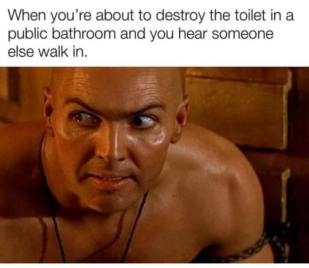 mummy meme - When you're about to destroy the toilet in a public bathroom and you hear someone else walk in.