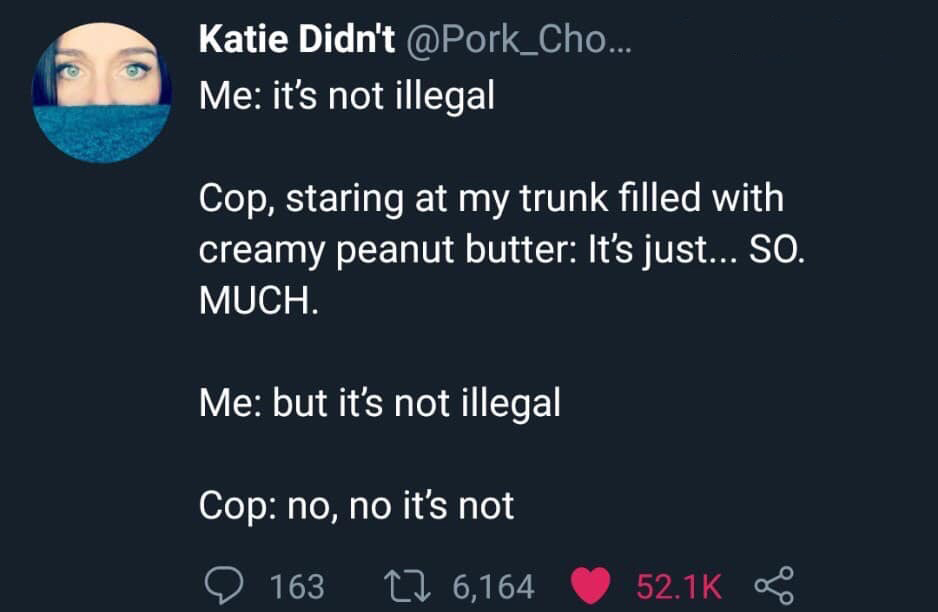 screenshot - Katie Didn't ... Me it's not illegal Cop, staring at my trunk filled with creamy peanut butter It's just... So. Much. Me but it's not illegal Cop no, no it's not 2 163 12 6,164 &