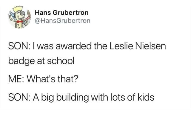 angle - Hans Grubertron lo Son I was awarded the Leslie Nielsen badge at school Me What's that? Son A big building with lots of kids