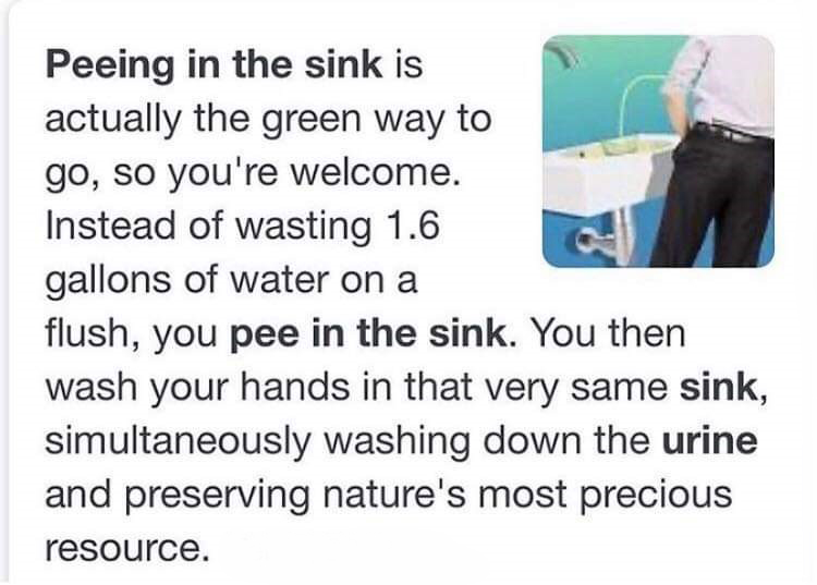 document - Peeing in the sink is actually the green way to go, so you're welcome. Instead of wasting 1.6 gallons of water on a flush, you pee in the sink. You then wash your hands in that very same sink, simultaneously washing down the urine and preservin