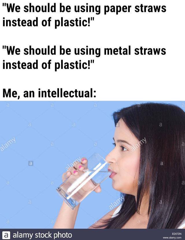 metal straw meme - "We should be using paper straws instead of plastic!" "We should be using metal straws instead of plastic!" Me, an intellectual alamy alamy alamy alary a alamy stock photo ED072N
