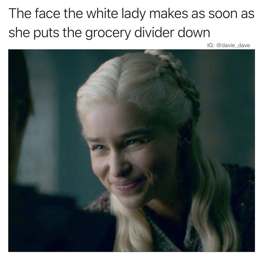 youtube skip ad meme - The face the white lady makes as soon as she puts the grocery divider down Ig