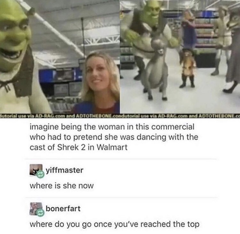 imagine being meme - Sutonil Uso Vis Ad Rag.com and Adtothebone condutor uro via AdRag.com and Adtotnebonete imagine being the woman in this commercial who had to pretend she was dancing with the cast of Shrek 2 in Walmart yiffmaster where is she now bone