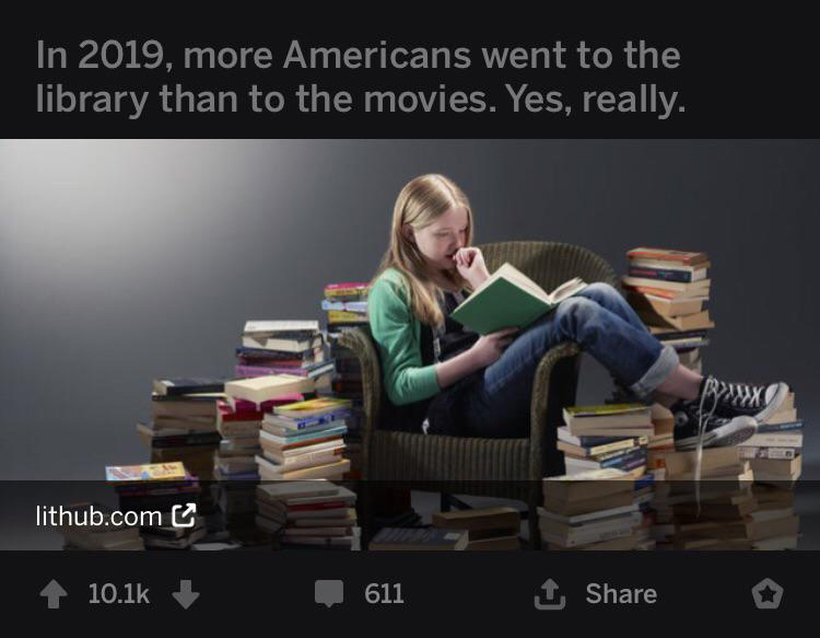 reading books - In 2019, more Americans went to the library than to the movies. Yes, really. lithub.com 1 611 o