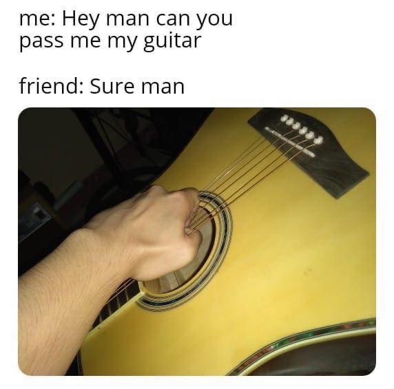 String instrument - me Hey man can you pass me my guitar friend Sure man