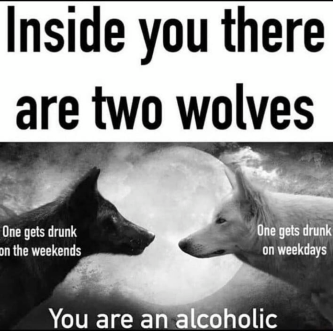 photo caption - Inside you there are two wolves One gets drunk pn the weekends One gets drunk on weekdays You are an alcoholic