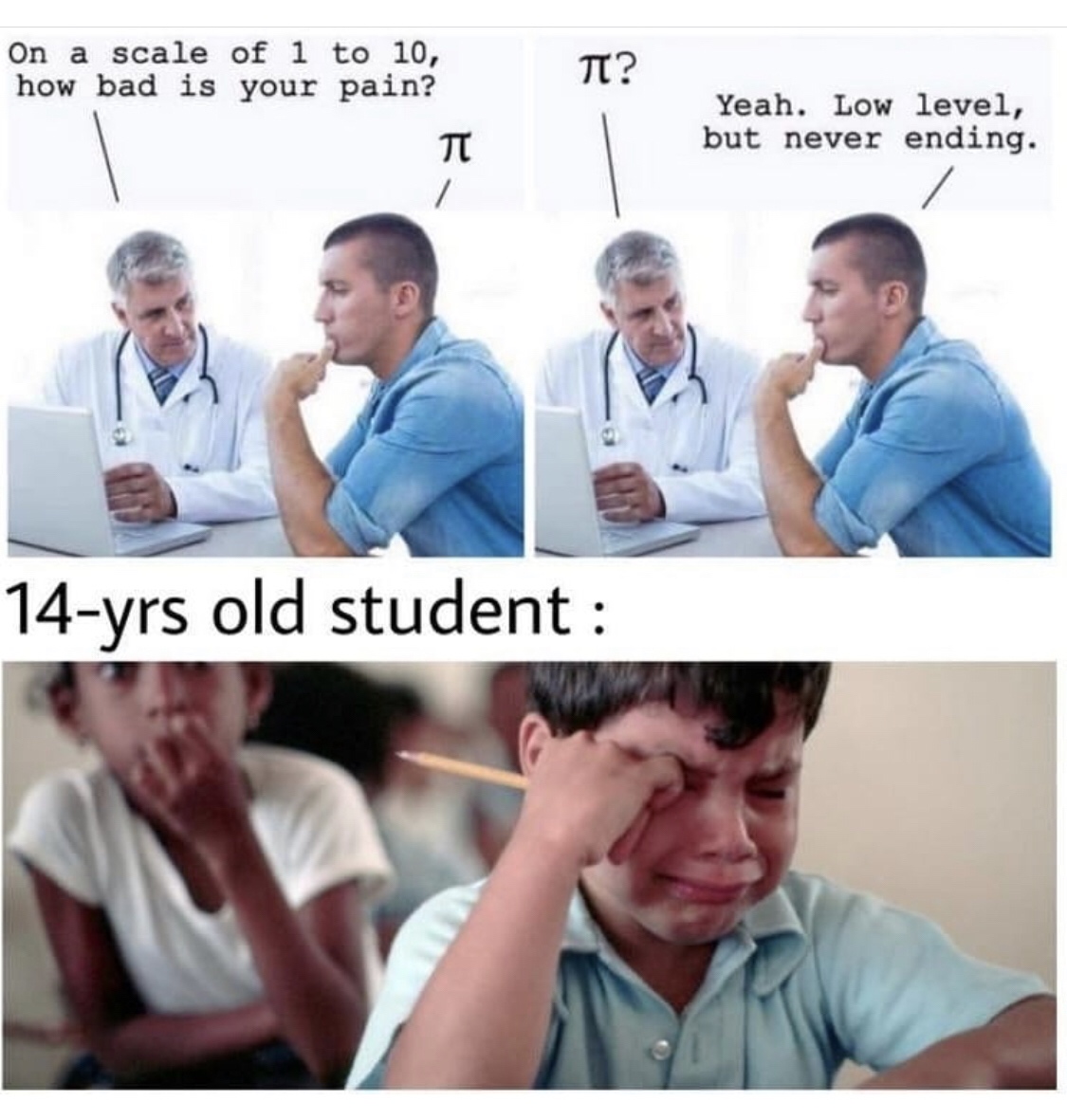 old student meme - On a scale of 1 to 10, how bad is your pain? T? Yeah. Low level, but never ending. 14yrs old student