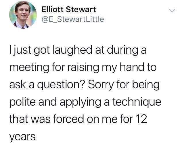 sarah chadwick tweet - Elliott Stewart StewartLittle I just got laughed at during a meeting for raising my hand to ask a question? Sorry for being polite and applying a technique that was forced on me for 12 years