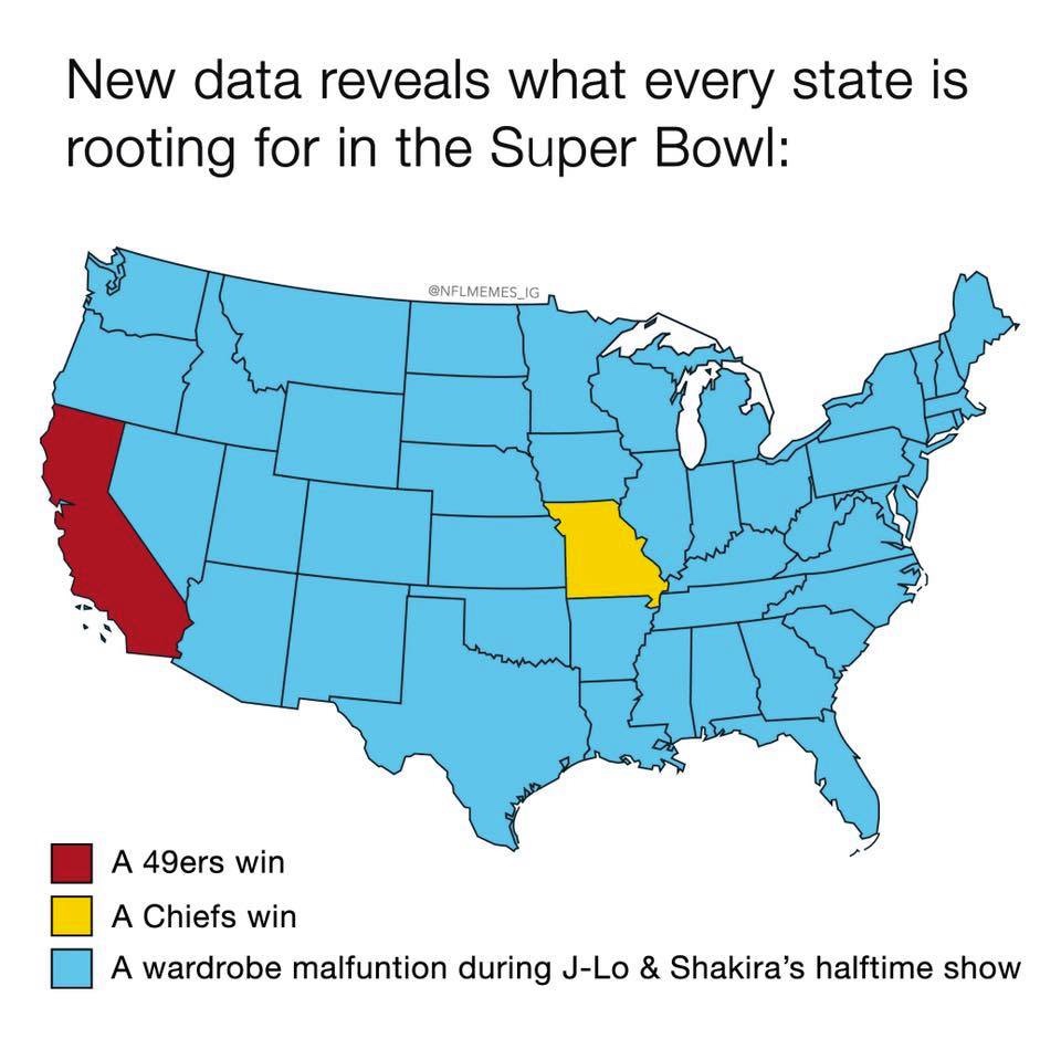 autoimmune hepatitis - New data reveals what every state is rooting for in the Super Bowl MEMES_IG A 49ers win A Chiefs win A wardrobe malfuntion during JLo & Shakira's halftime show