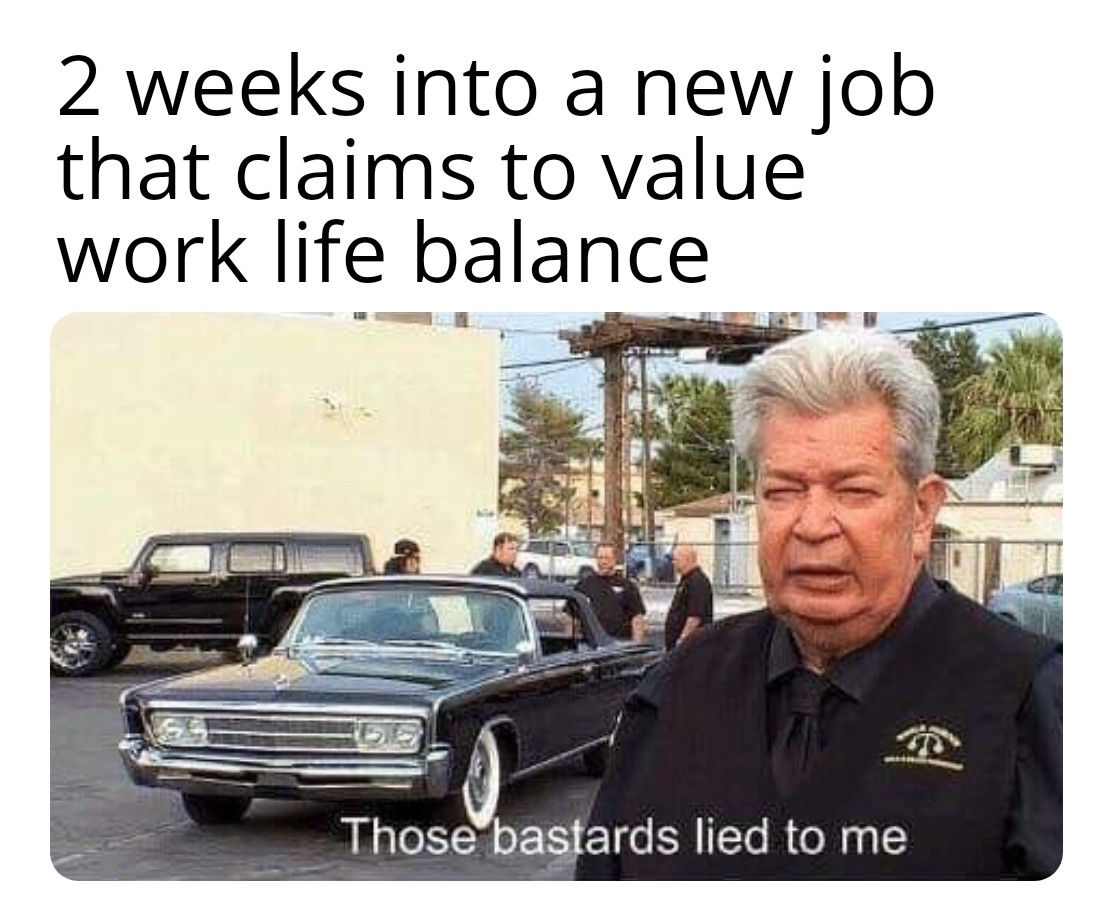 those bastard lied to me - 2 weeks into a new job that claims to value work life balance Those bastards lied to me