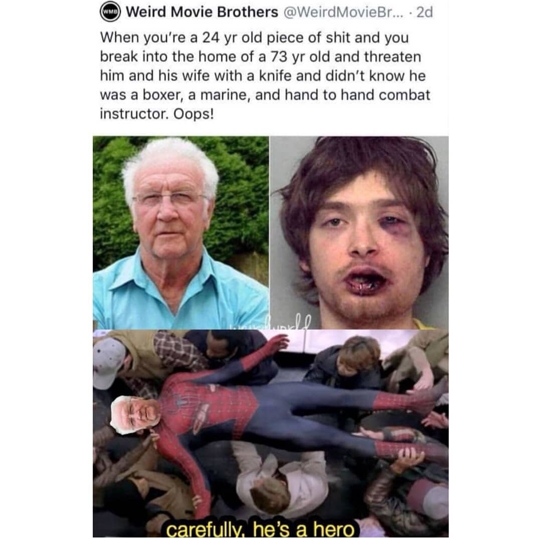 spider man far from home memes - Wm! Weird Movie Brothers MovieBr... 2d When you're a 24 yr old piece of shit and you break into the home of a 73 yr old and threaten him and his wife with a knife and didn't know he was a boxer, a marine, and hand to hand 