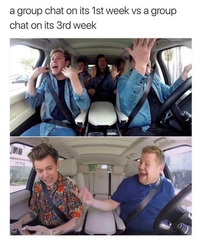 group chat memes - a group chat on its 1st week vs a group chat on its 3rd week