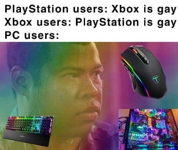 pc gay memes - PlayStation users Xbox is gay Xbox users PlayStation is gay Pc users