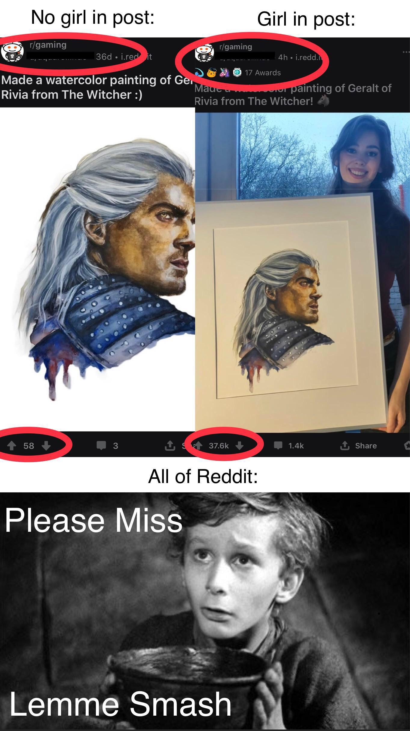 Second - No girl in post Girl in post 20 _ Om Made a watercolor painting of Gc Rivia from The Witcher ting of Geralt of Rivia from The Witcher! All of Reddit Please Miss Lemme Smash