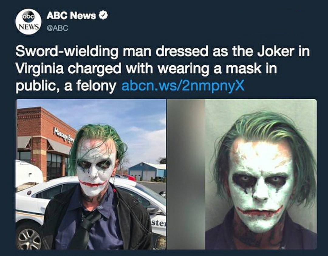 gamers rise up joker - Obc Abc News News Swordwielding man dressed as the Joker in Virginia charged with wearing a mask in public, a felony abcn.ws2nmpnyx ste