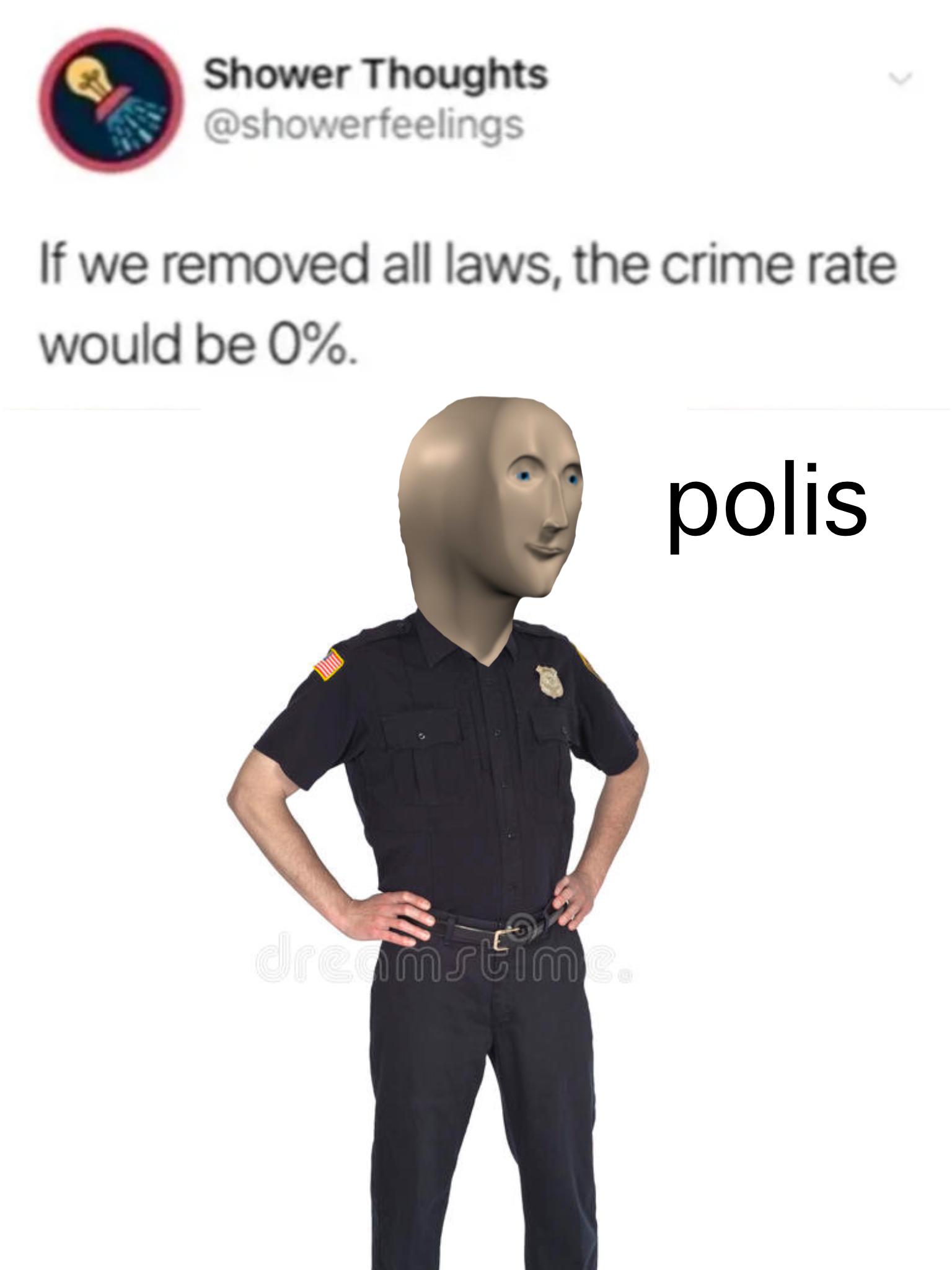 r showerthoughts - Shower Thoughts If we removed all laws, the crime rate would be 0% polis