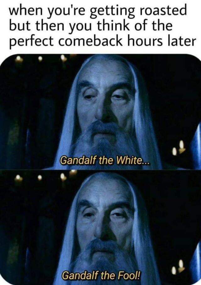 gandalf memes - when you're getting roasted but then you think of the perfect comeback hours later Gandalf the White... Gandalf the Fool!