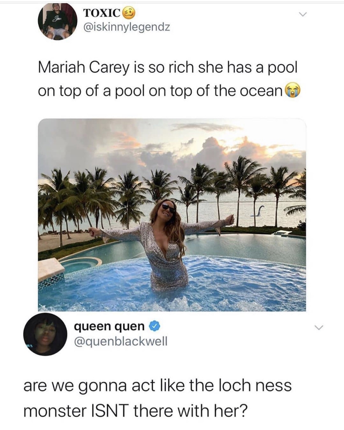 mariah carey hot tub dress - Toxic Mariah Carey is so rich she has a pool on top of a pool on top of the ocean queen quen are we gonna act the loch ness monster Isnt there with her?