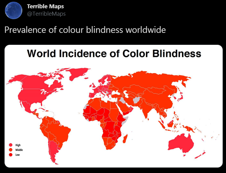 world map grey countries - Terrible Maps Prevalence of colour blindness worldwide World Incidence of Color Blindness High Middle low