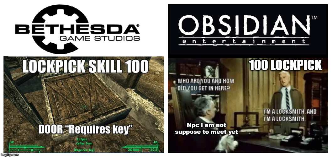 Bethesda Game Studios Obsidian entertainment Lockpick Skill 100 100 Lockpick Who Are You And How Did You Get In Here? I'M A Locksmith, And I'M A Locksmith. Door "Requires key" Npc i am not suppose to meet yet E Open Cellar Door Requires Key Cnd 1 2213…