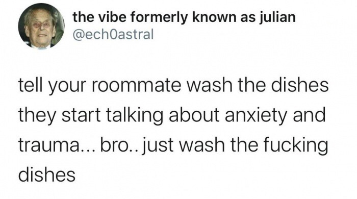 document - the vibe formerly known as julian tell your roommate wash the dishes they start talking about anxiety and trauma... bro.. just wash the fucking dishes